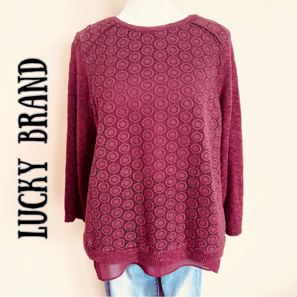 Lucky Brand Burgundy Layered Crochet Laced & Sheer Flowy Top
